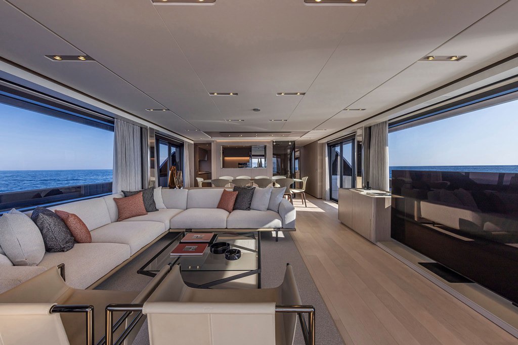 Salon and dining. Yacht interior by M2Develop, Fort Lauderdale