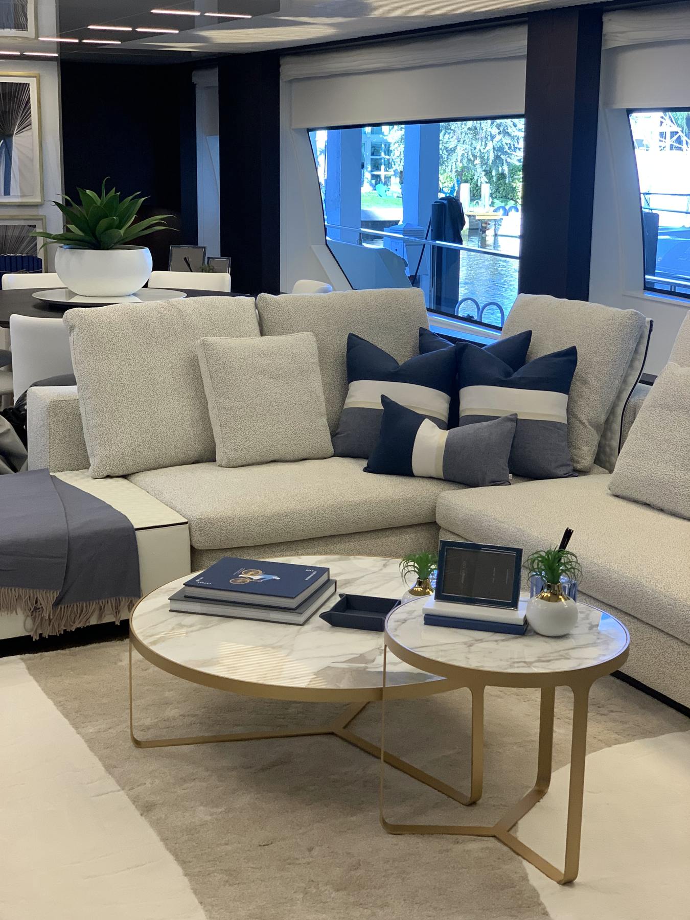 Main salon seating. Yacht interior by M2Develop, Fort Lauderdale