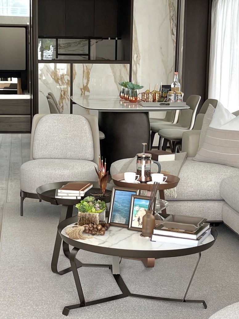 Salon styling vignette. Yacht interior by M2Develop, Fort Lauderdale