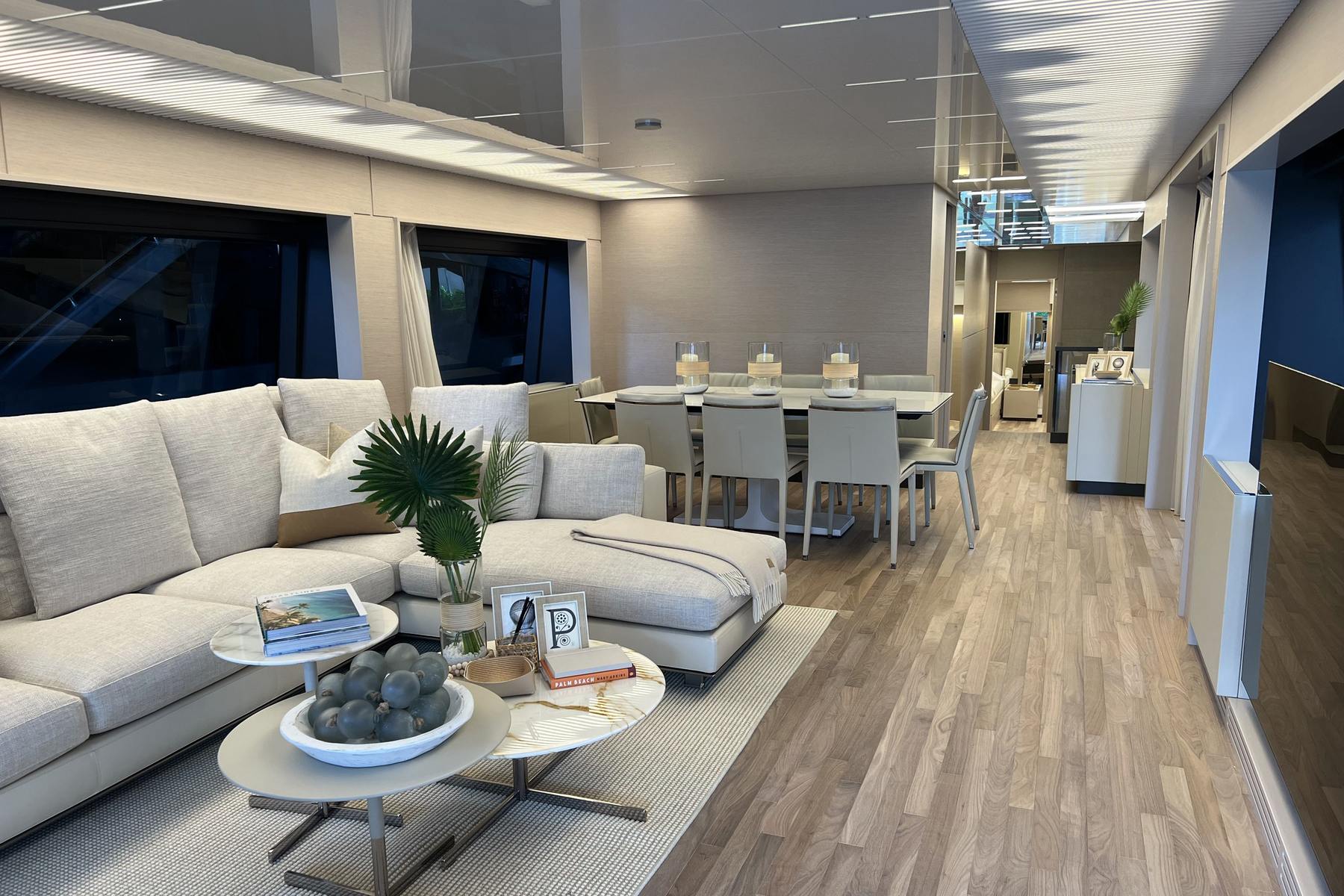 Salon into dining. Yacht interior by M2Develop, Fort Lauderdale