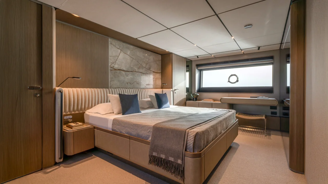 Owner&rsquo;s stateroom of a delivered yacht: a stone panel above the bed, pale oak joinery and a long window onto the water.