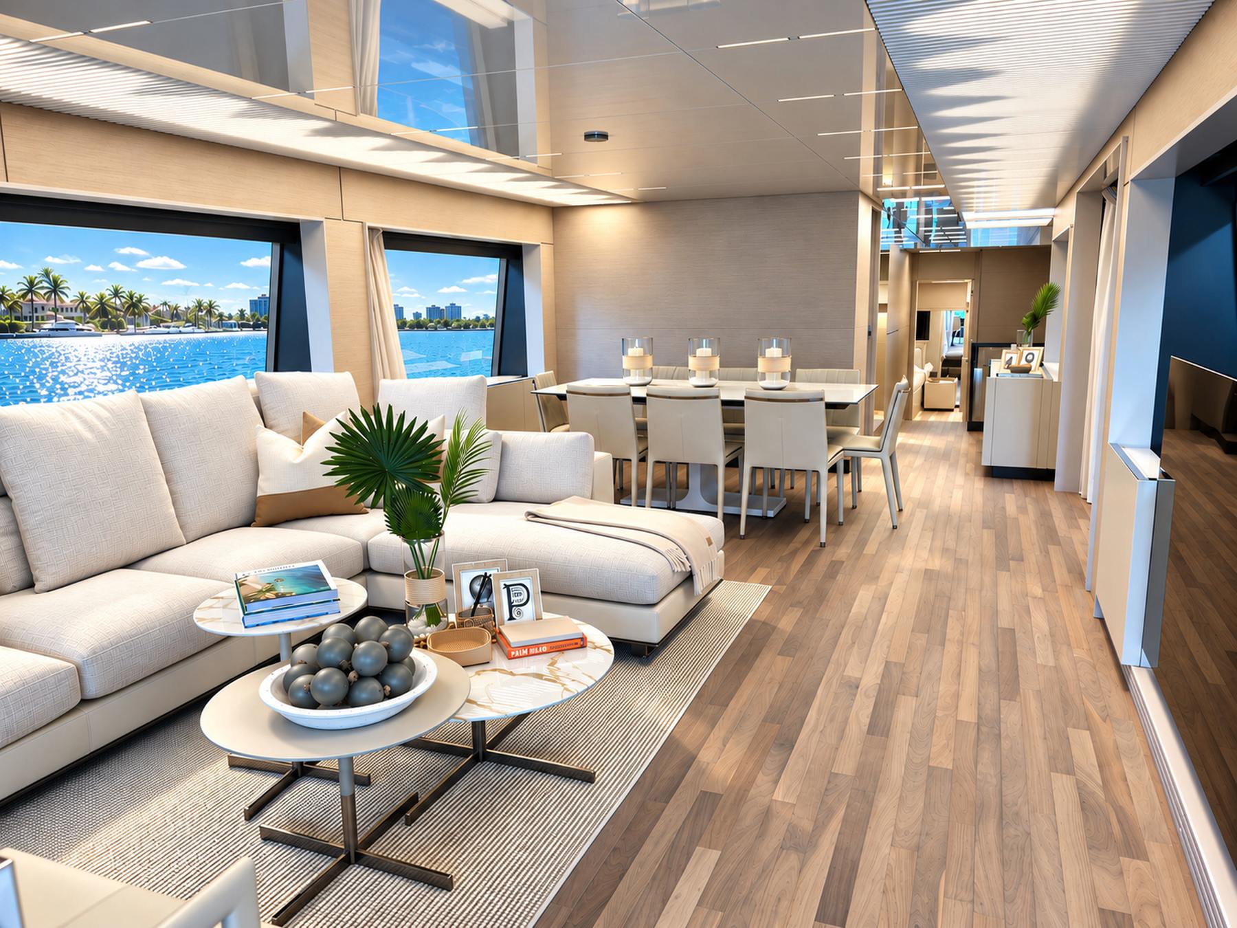 Salon into dining. Yacht interior by M2Develop, Fort Lauderdale